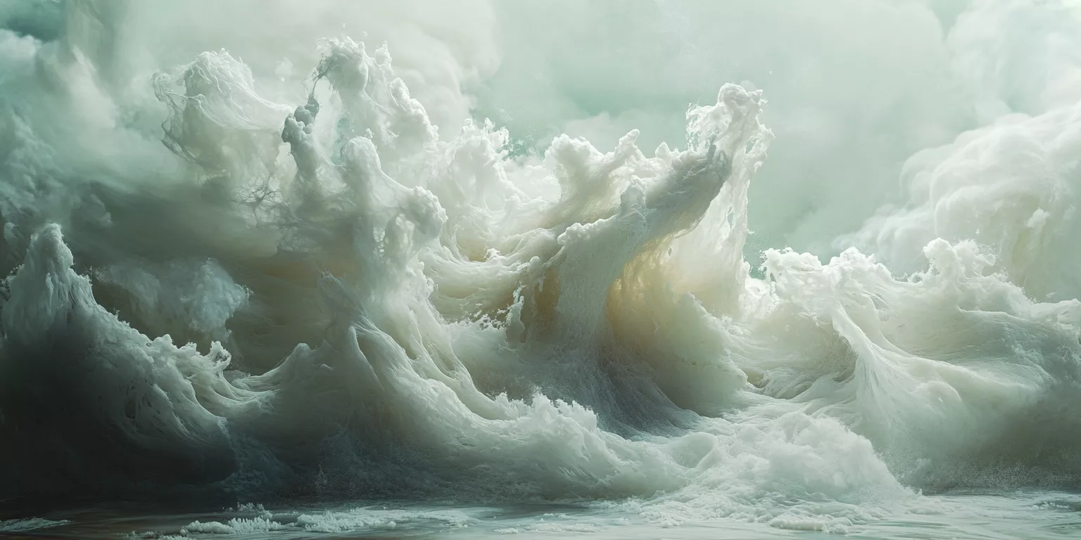 Dynamic seascape with crashing waves and swirling clouds, highlighting oceans power and beauty.