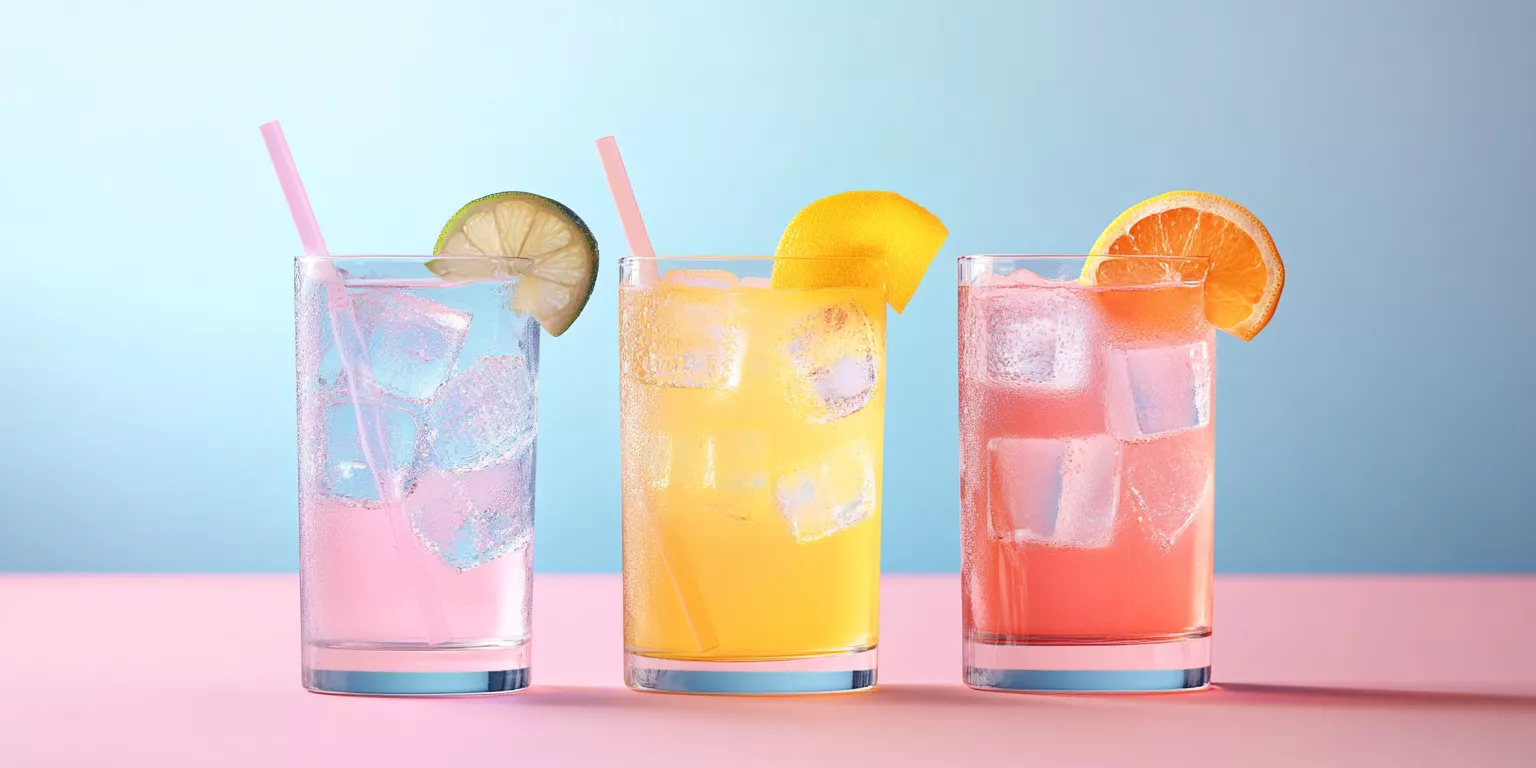 Refreshing summer drinks with ice cubes and citrus garnishes on pastel background.