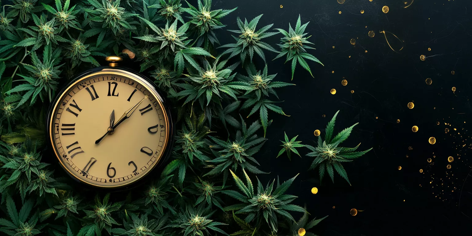 Antique clock surrounded by lush cannabis plants against a starry, mystical black background.