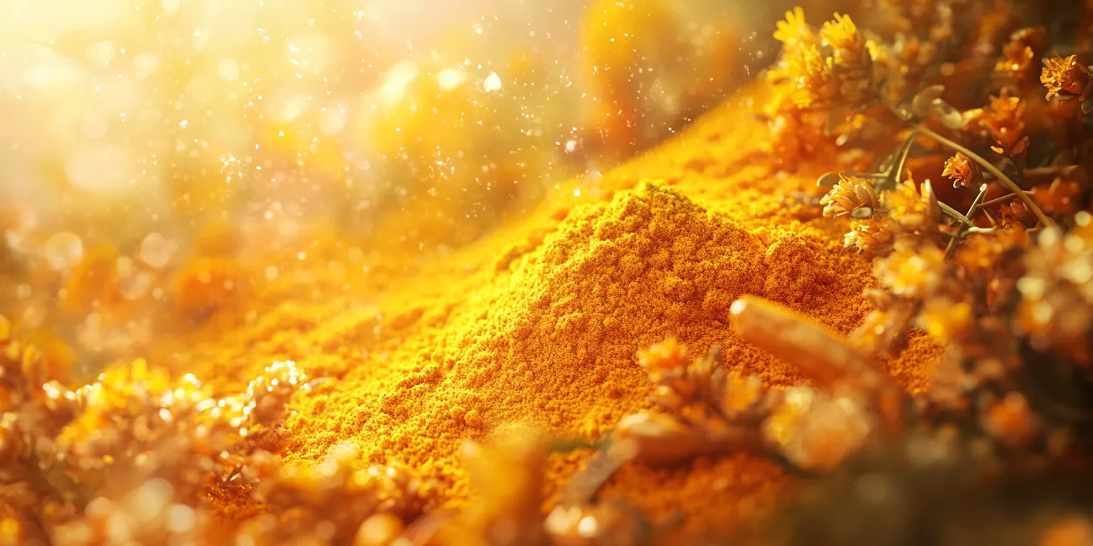 Turmeric powder mound with dried flowers, sunlight, vibrant colors, warm glow, texture.