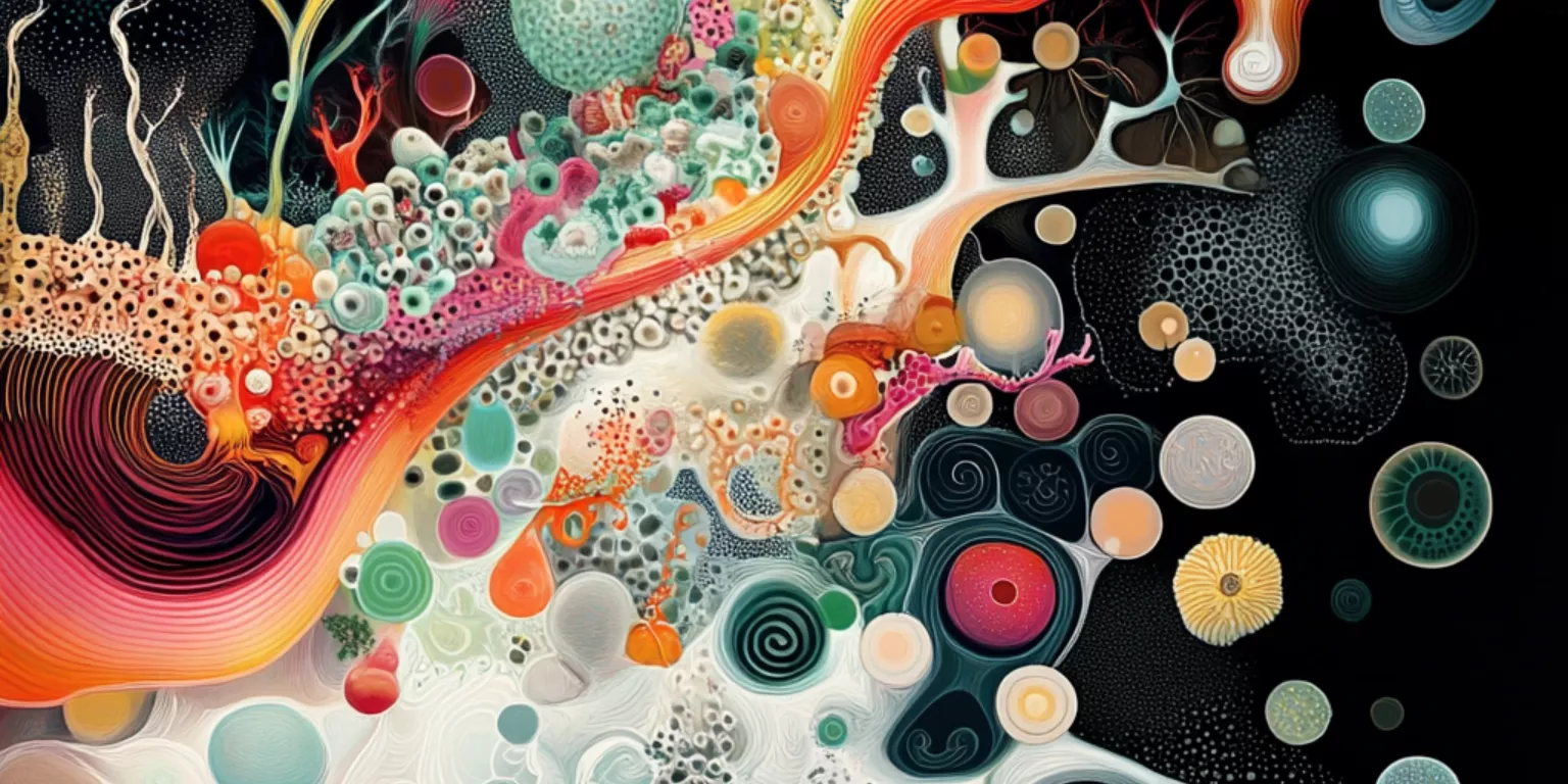 Abstract vibrant cosmic and microscopic elements in swirling colors and intricate designs.