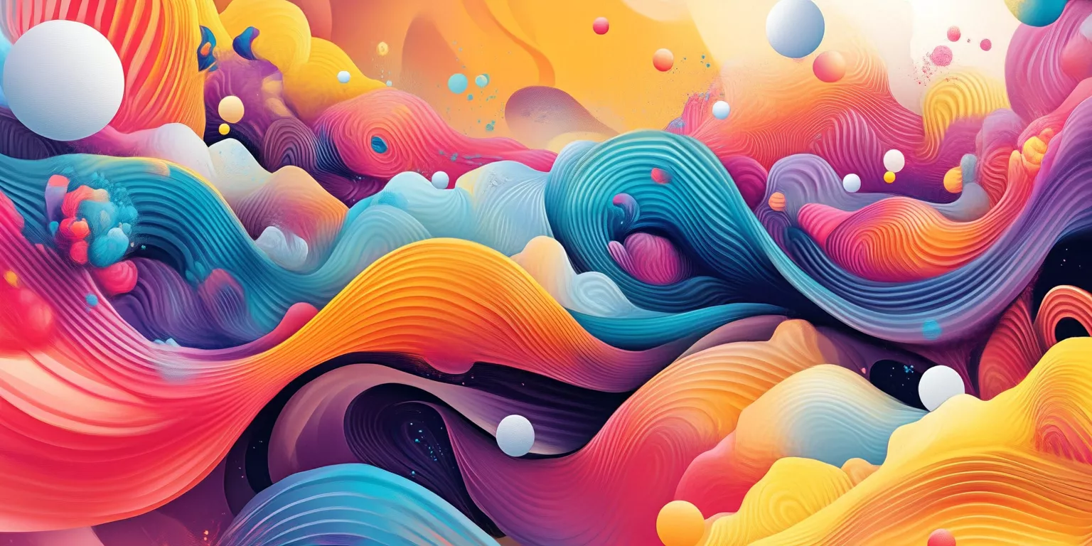 Colorful digital abstract art with swirling patterns, vivid colors, and floating white spheres.