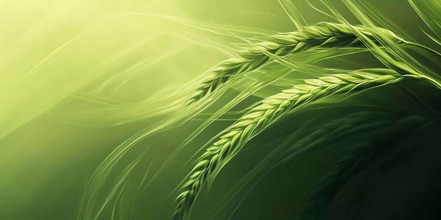 Close-up of green wheat ears with textured grains, vibrant hues, and dynamic light interplay.