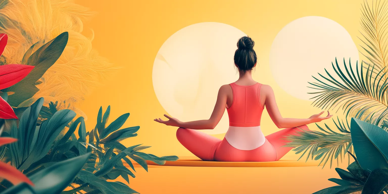 Person meditating in tropical setting with vibrant colors and lush foliage, symbolizing peace.