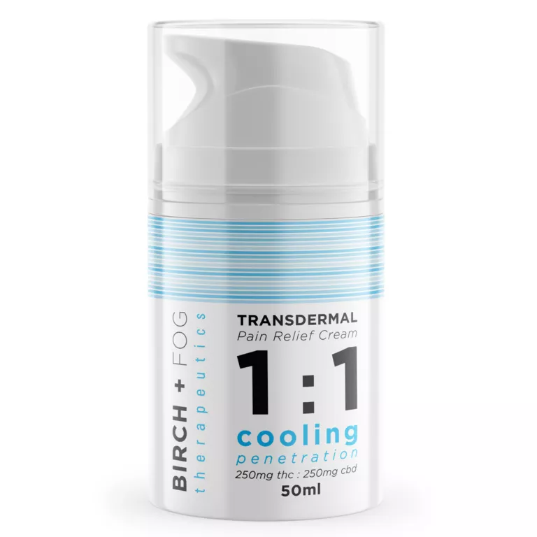 Transdermal pain relief cream with 250mg THC and CBD in a 1:1 ratio by Birch + Fog.
