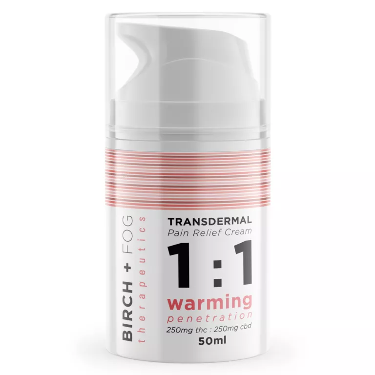 Birch + Fog transdermal pain relief cream, 1:1 THC:CBD, 50ml.