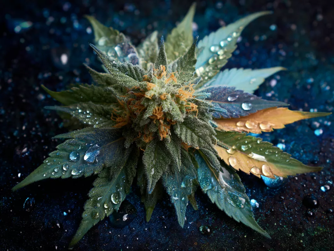 Close-up of vibrant cannabis bud with frosted trichomes and vivid orange pistils.