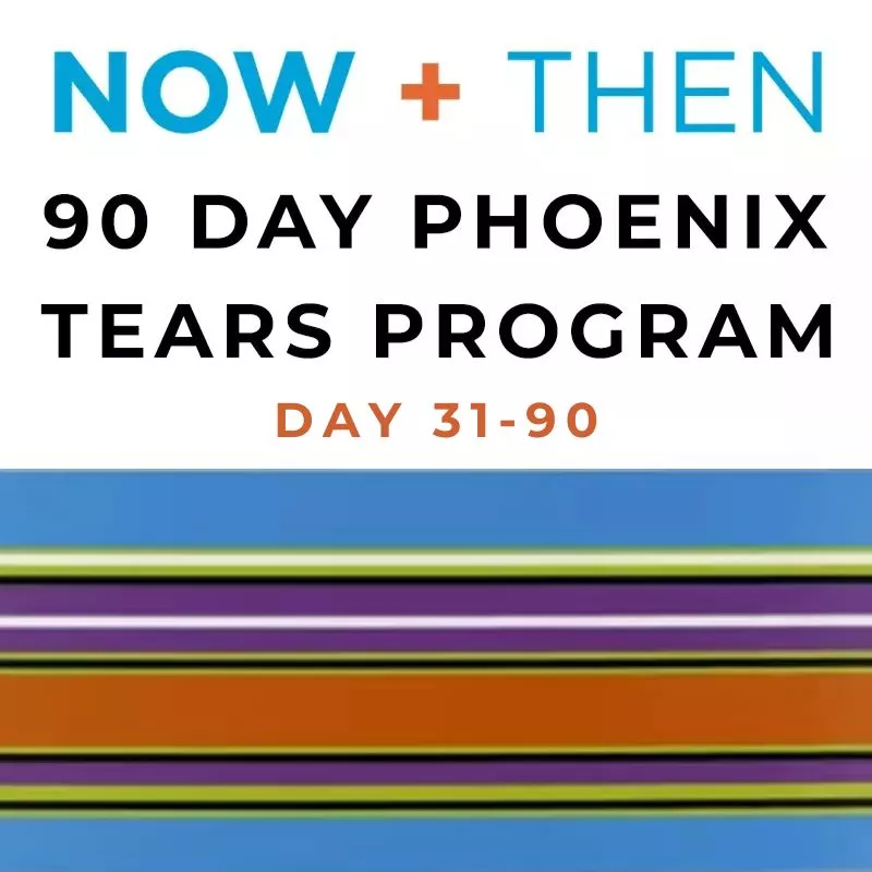 Transformative 90-day Phoenix Tears program featuring NOW + THEN themes and vibrant striped patterns.