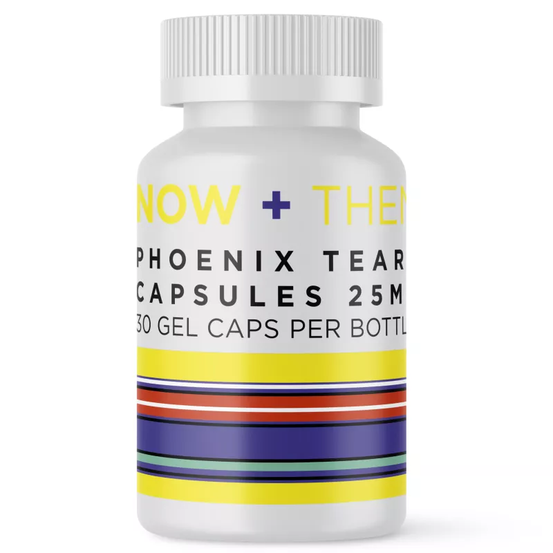 NOW + THEN Phoenix Tear Capsules 25mg bottle with colorful label.