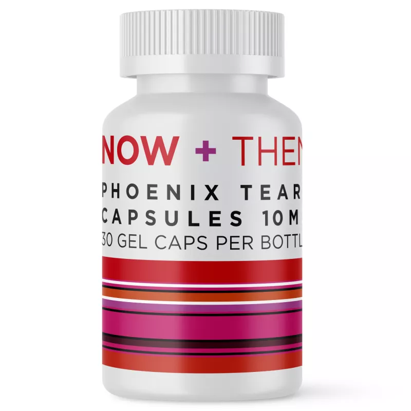 Phoenix Tear Capsules 10mg bottle with 30 gel caps and modern label design.