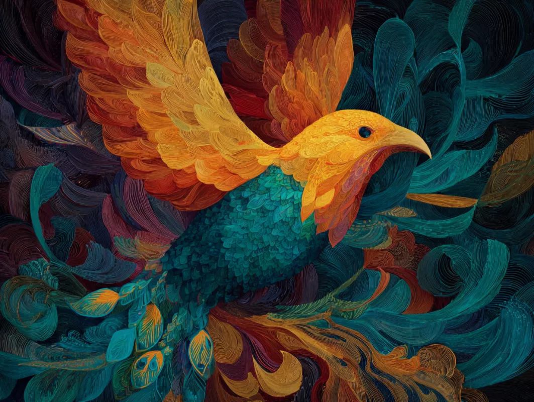 Vibrant bird in mid-flight with colorful plumage, detailed feathers, and abstract swirling background.