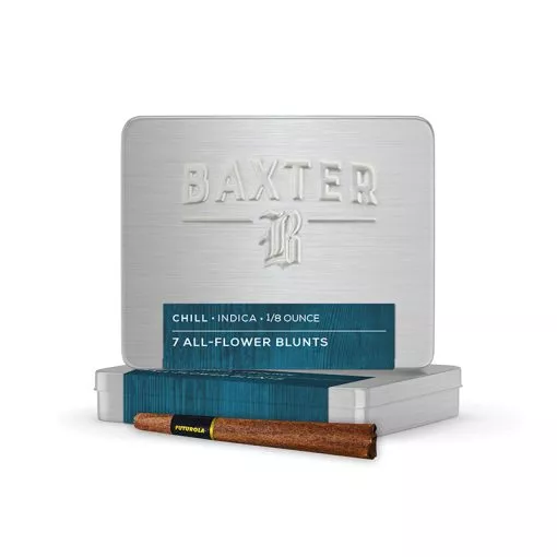 Baxter Indica 1/8 ounce all-flower blunts in sleek metal tin.