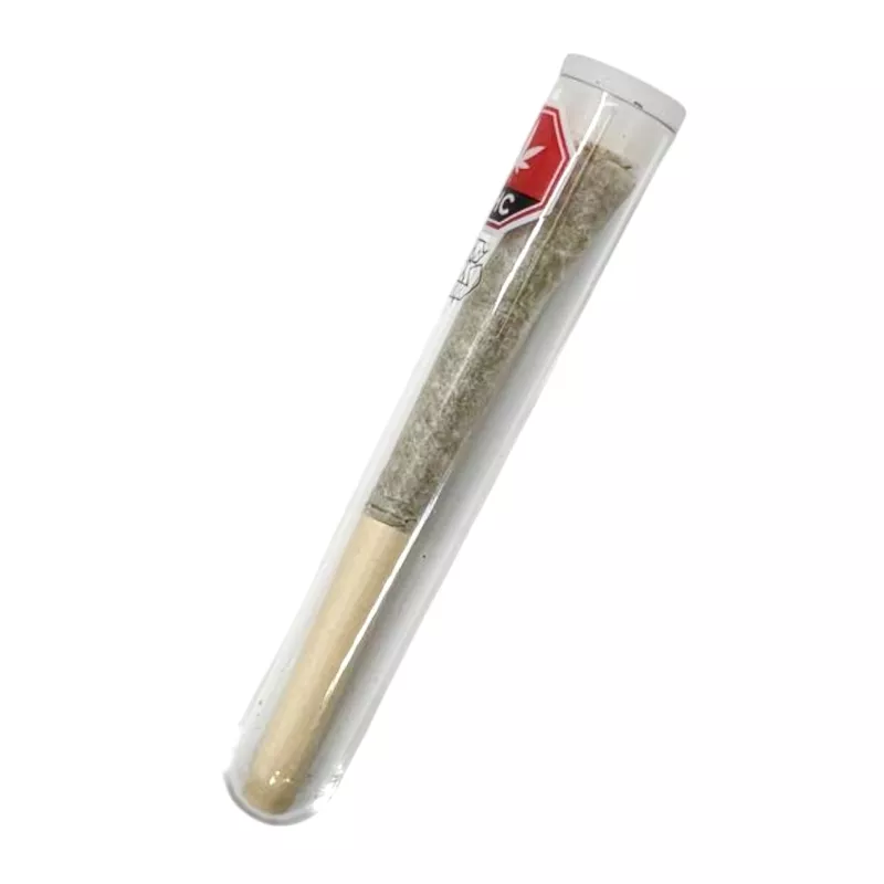 Clear tube with a pre-rolled cannabis joint and THC label.