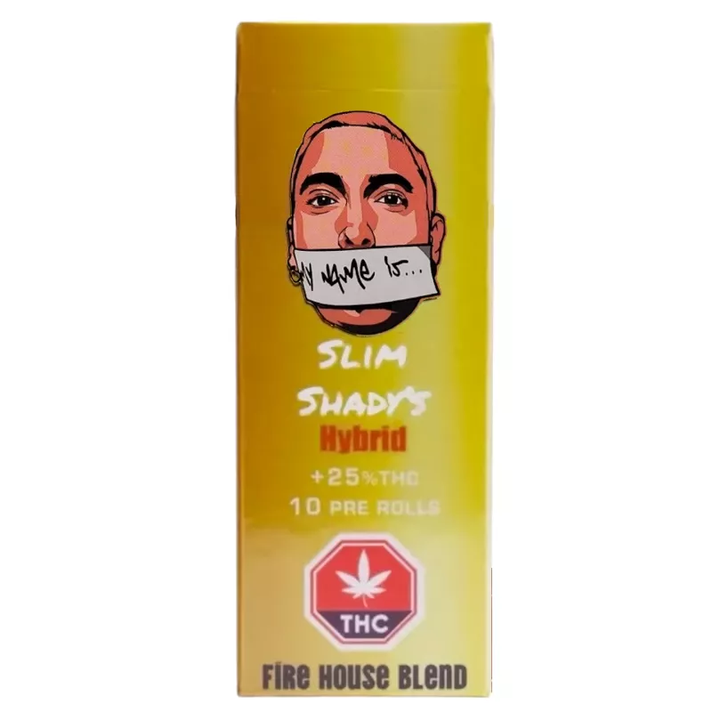 Stylized cannabis pre-roll package featuring Slim Shadys Hybrid with 25% THC content.
