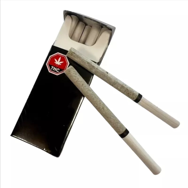 Pack of THC cannabis pre-rolled joints with red hexagon logo and leaf design.