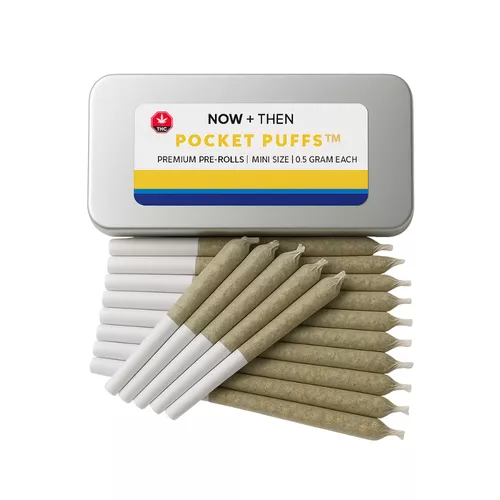 Tin container with pre-rolled joints arranged neatly beside it.
