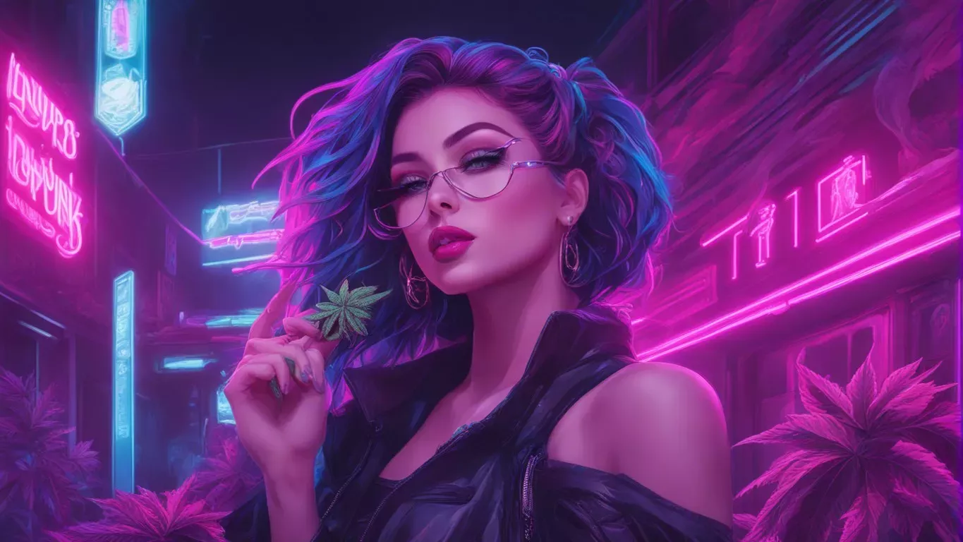 Stylized cyberpunk woman with blue hair holding cannabis leaf in neon-lit cityscape.