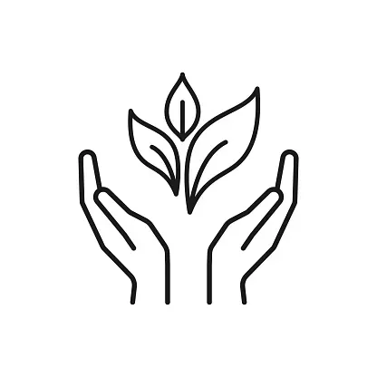 Growth and care symbolized by plant and nurturing hands line art.