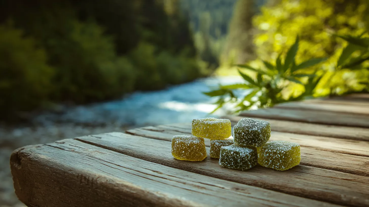 Colorful gummy candies on a wooden surface near a flowing river.
