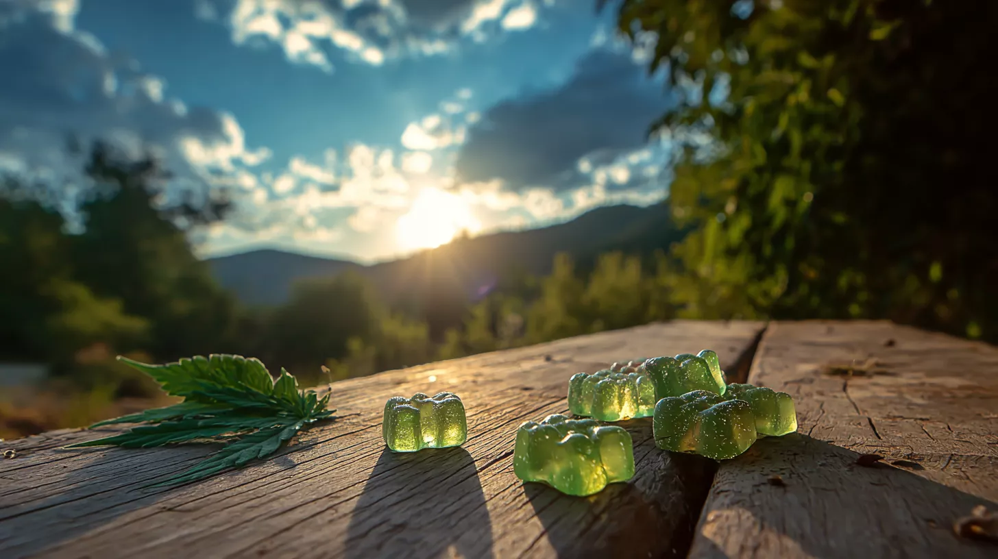 Green gummy candies on a wooden surface, with mountains and sunset in the background.