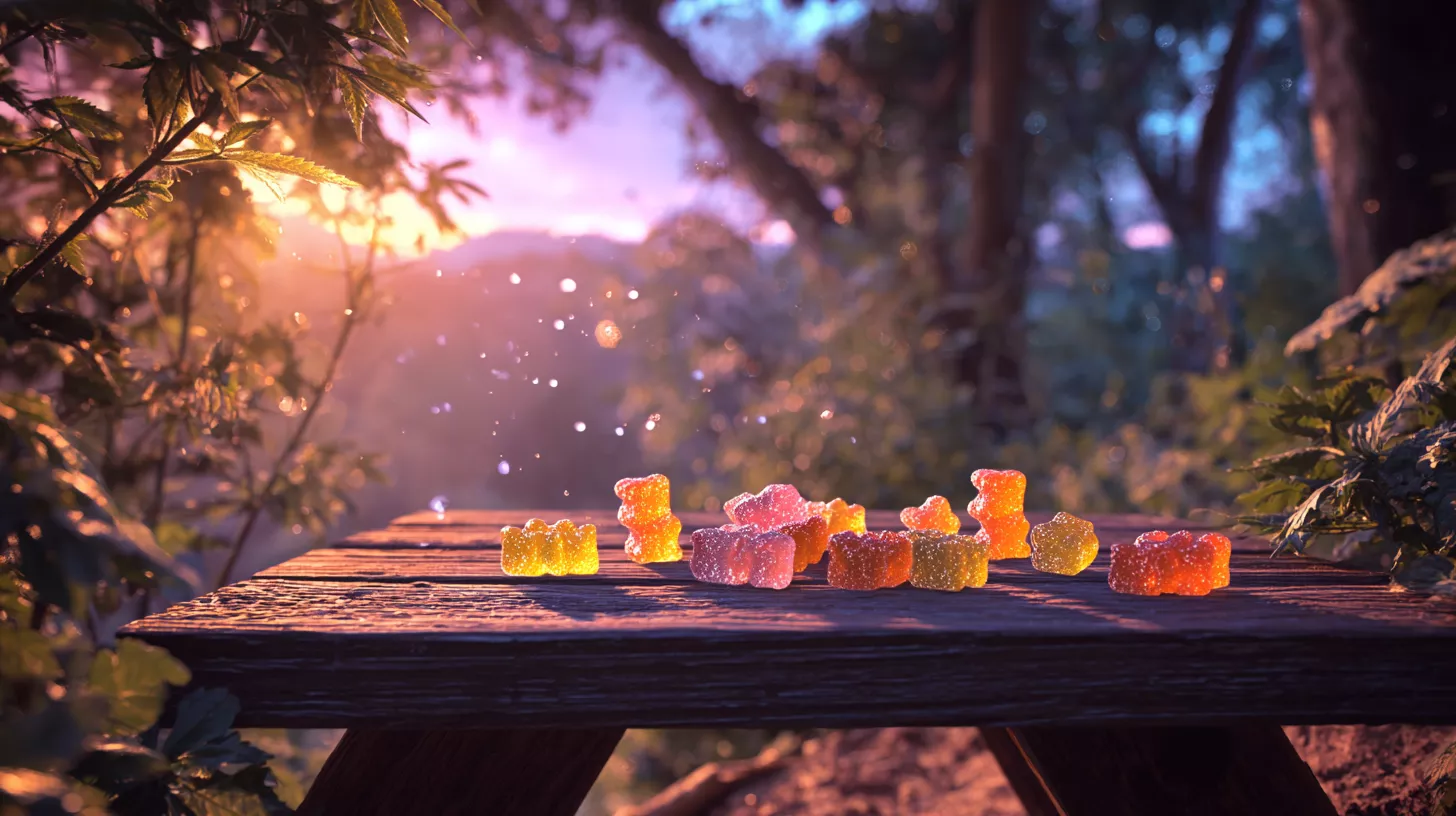 Colorful gummy bears on a wooden table, surrounded by greenery and sunset light.