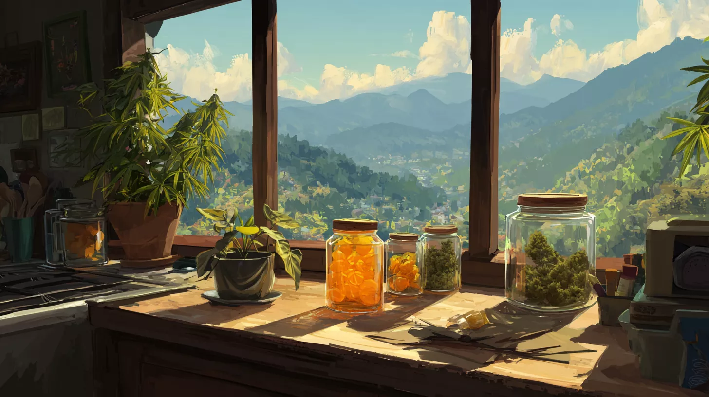 Bright jars on a wooden table with a mountain view through a window.