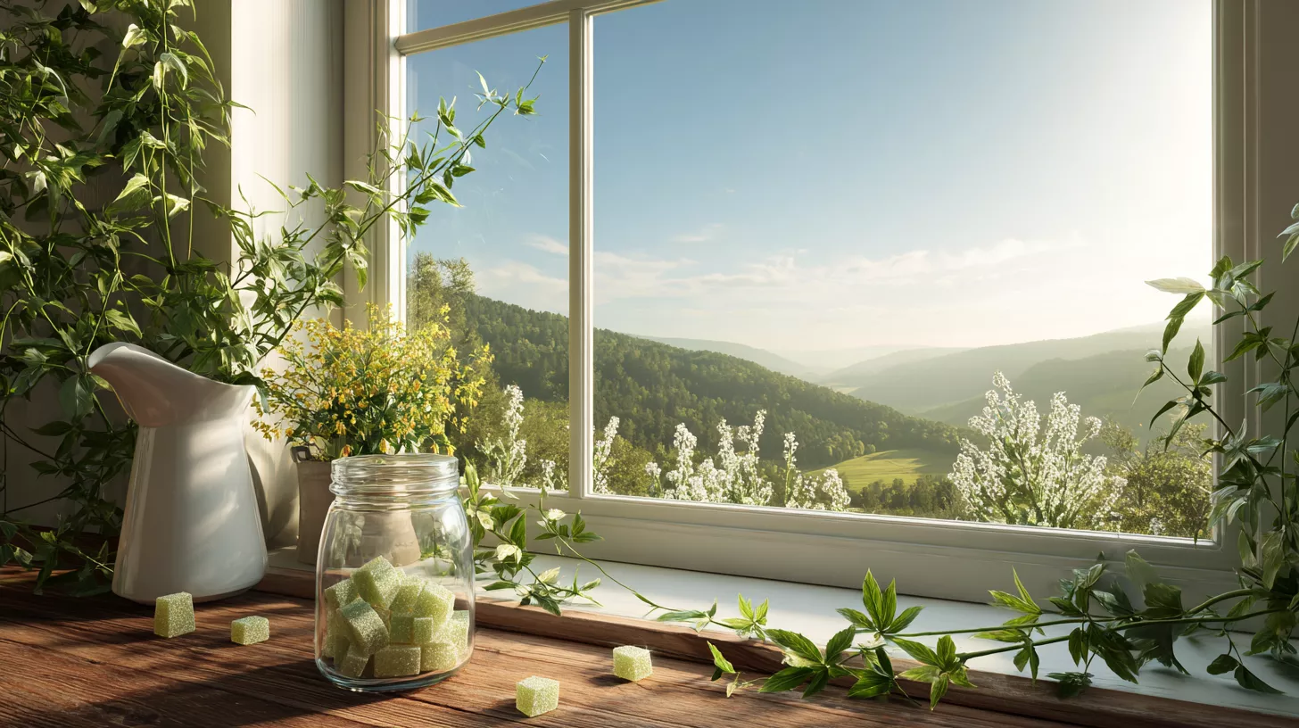Bright window view of green hills, flowers, jar of sugar cubes, and a pitcher.