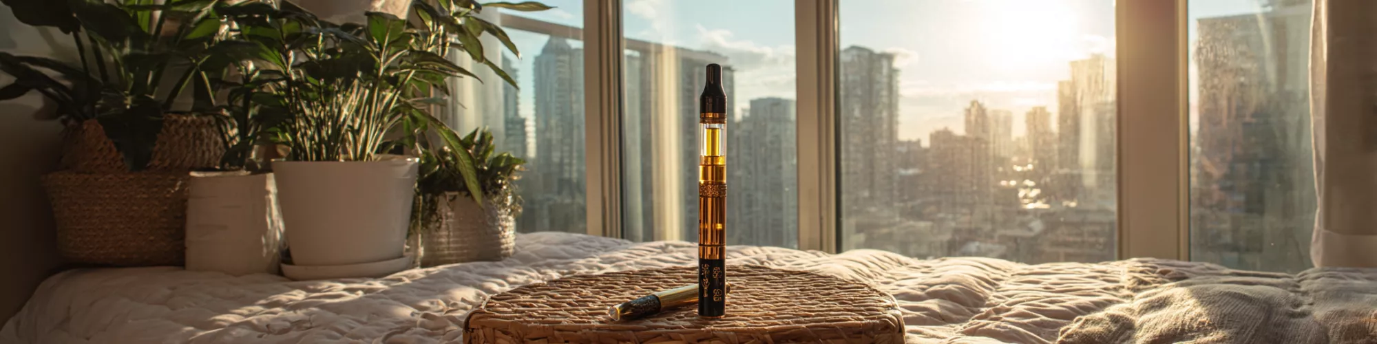 Vape pen on a woven table with plants and a sunset view.