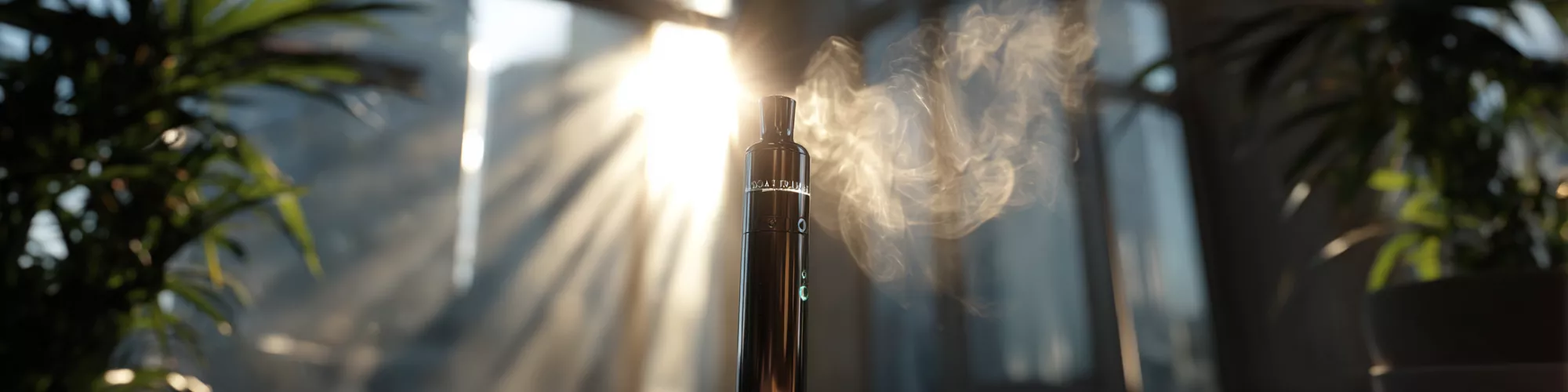 Vape device emitting vapor with sunlight streaming through a window and plants nearby.
