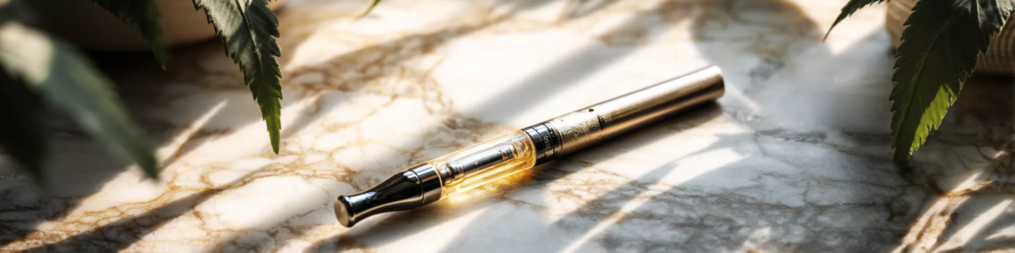 Golden vape pen resting on marbled surface, surrounded by green leaves.