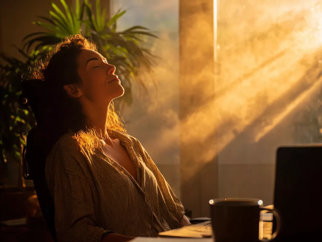 Woman relaxing in sunlight with closed eyes, surrounded by plants and desk items.