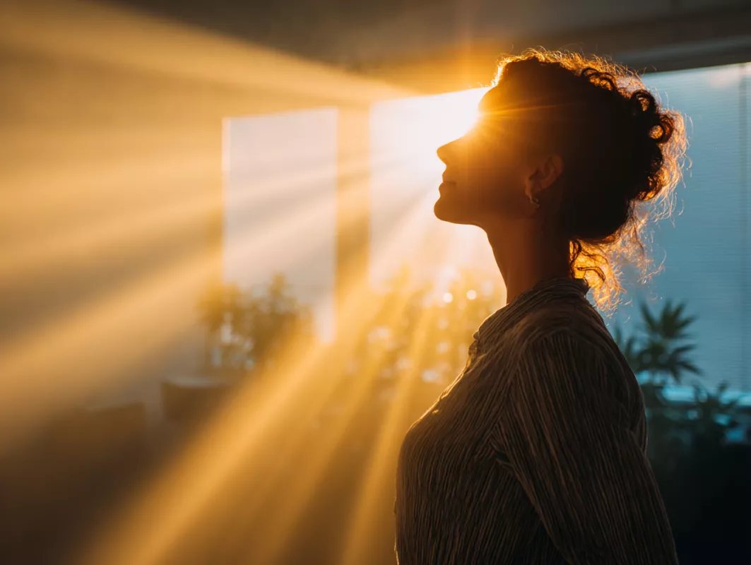 Silhouette of person in sunlight, tranquil moment, curly hair halo, indoor nature setting.
