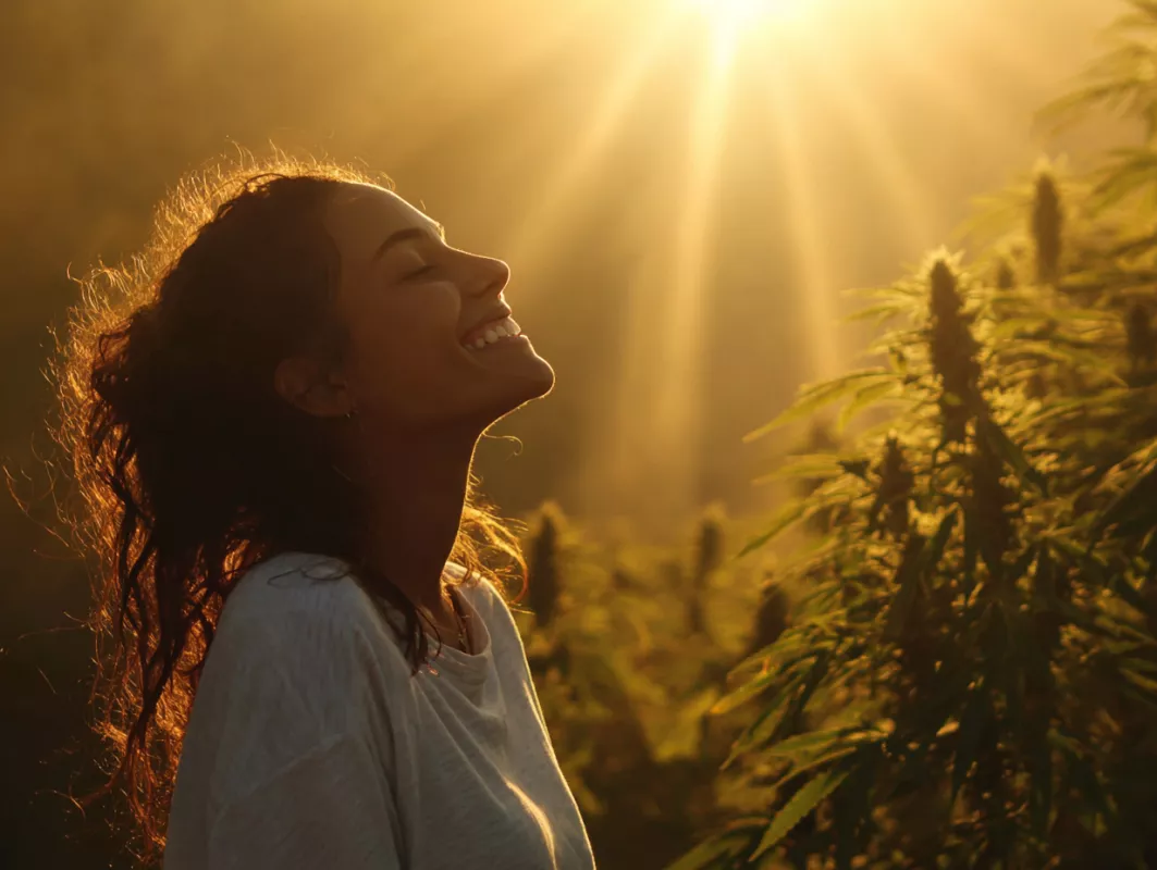 A serene woman enjoying sunlight in nature with a peaceful smile and lush green background.