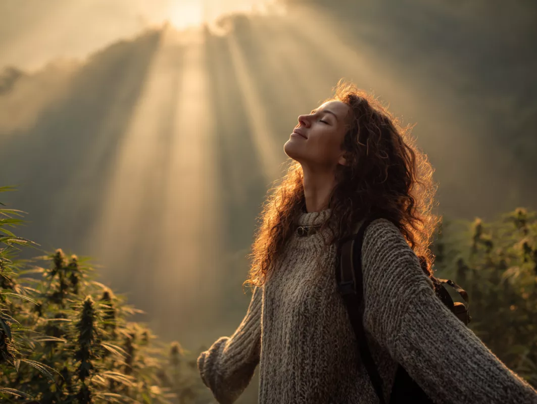 Woman basking in morning sunlight, enveloped by natures tranquility and warmth.