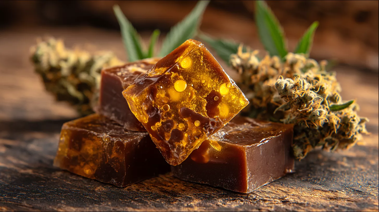 Golden and brown candies beside green cannabis leaves on a wooden surface.