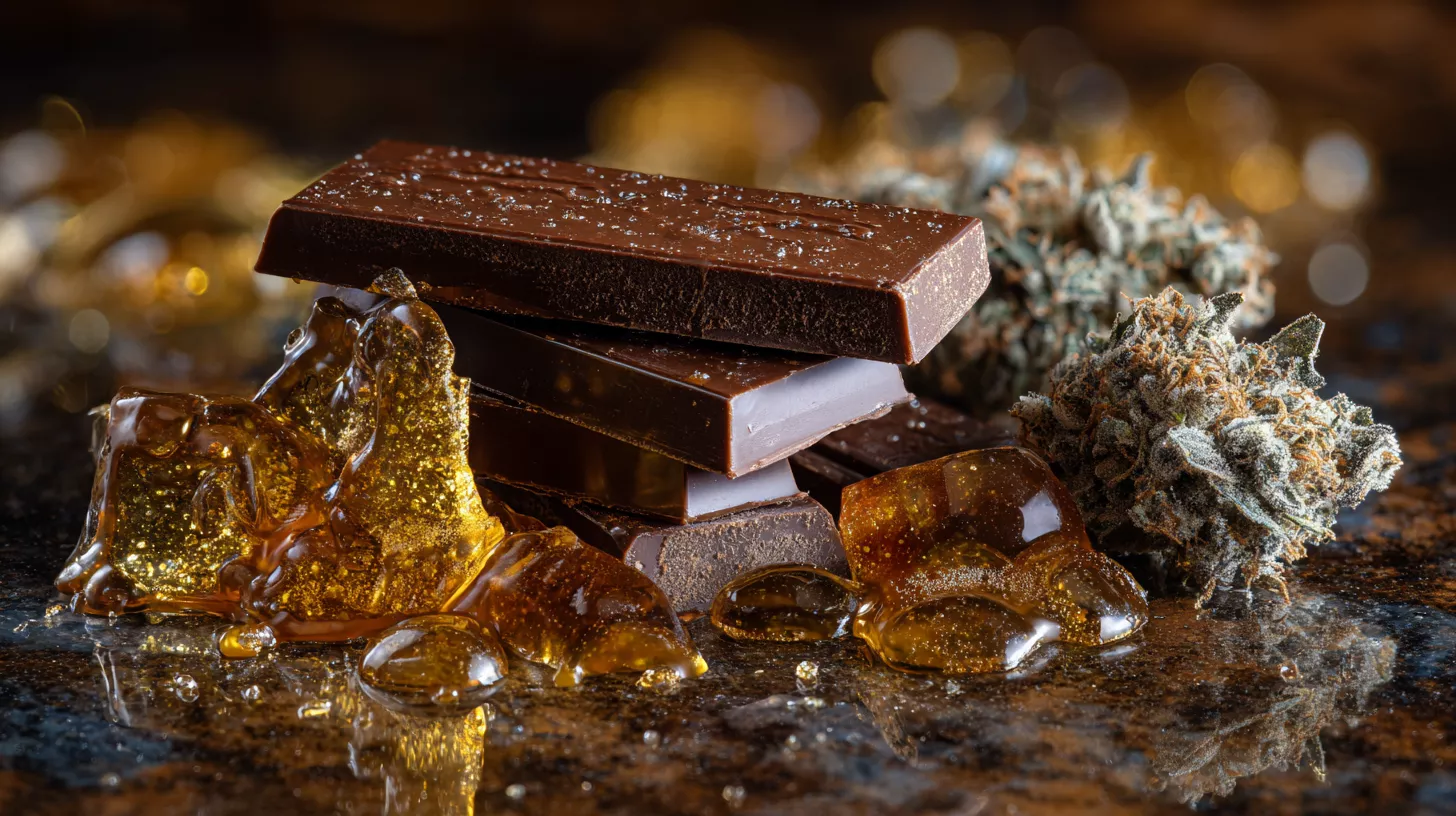 Chocolate bars and golden resin on a dark surface, with cannabis buds nearby.