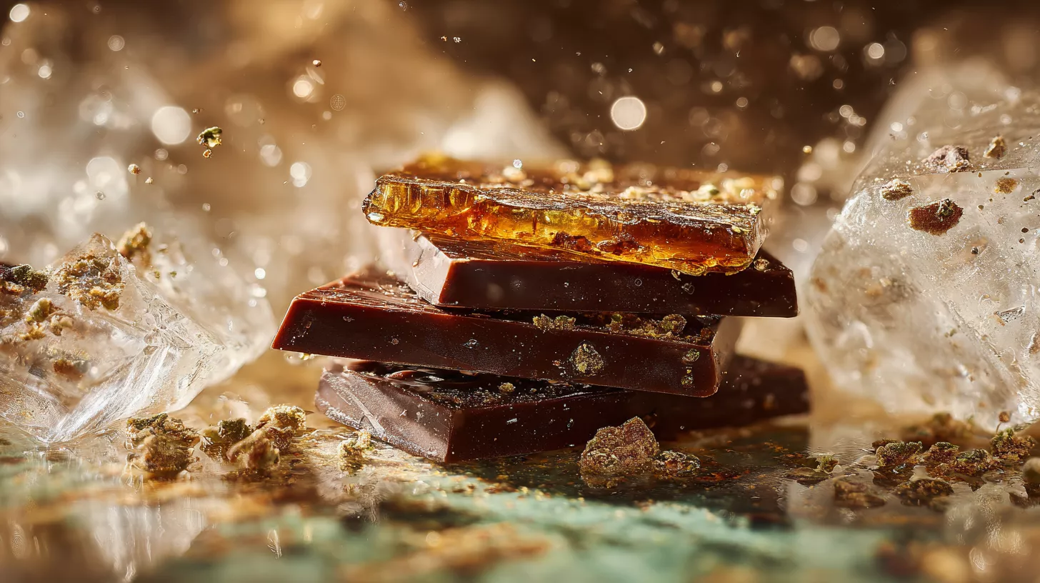 Chocolate pieces stacked on ice with scattered crumbs and a blurred background.
