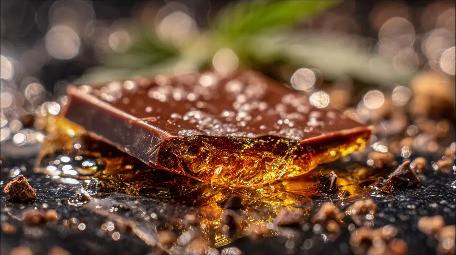 Shiny chocolate piece surrounded by golden liquid and small brown particles.