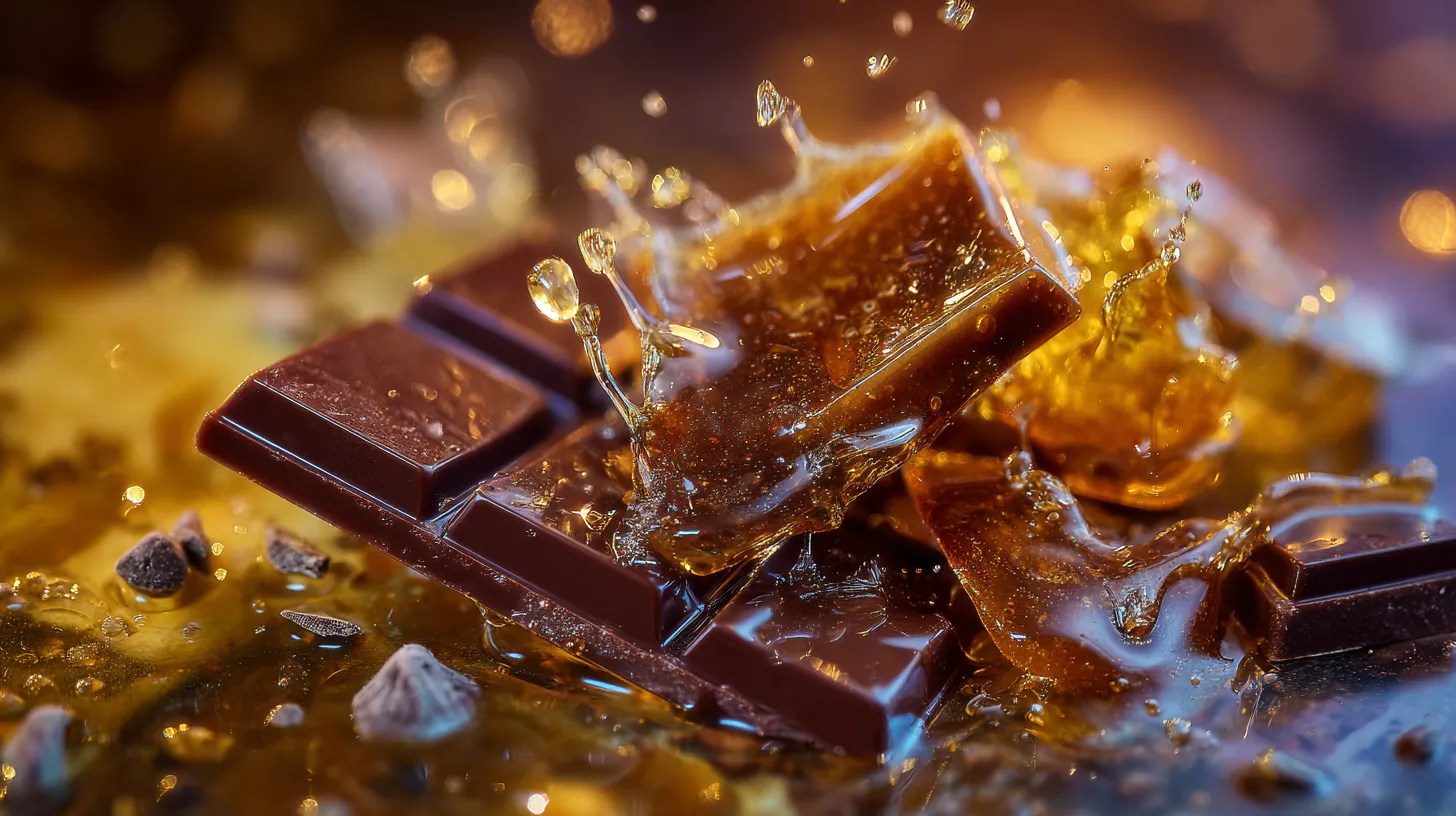 Chocolate pieces splashing in golden syrup with droplets and a blurred background.