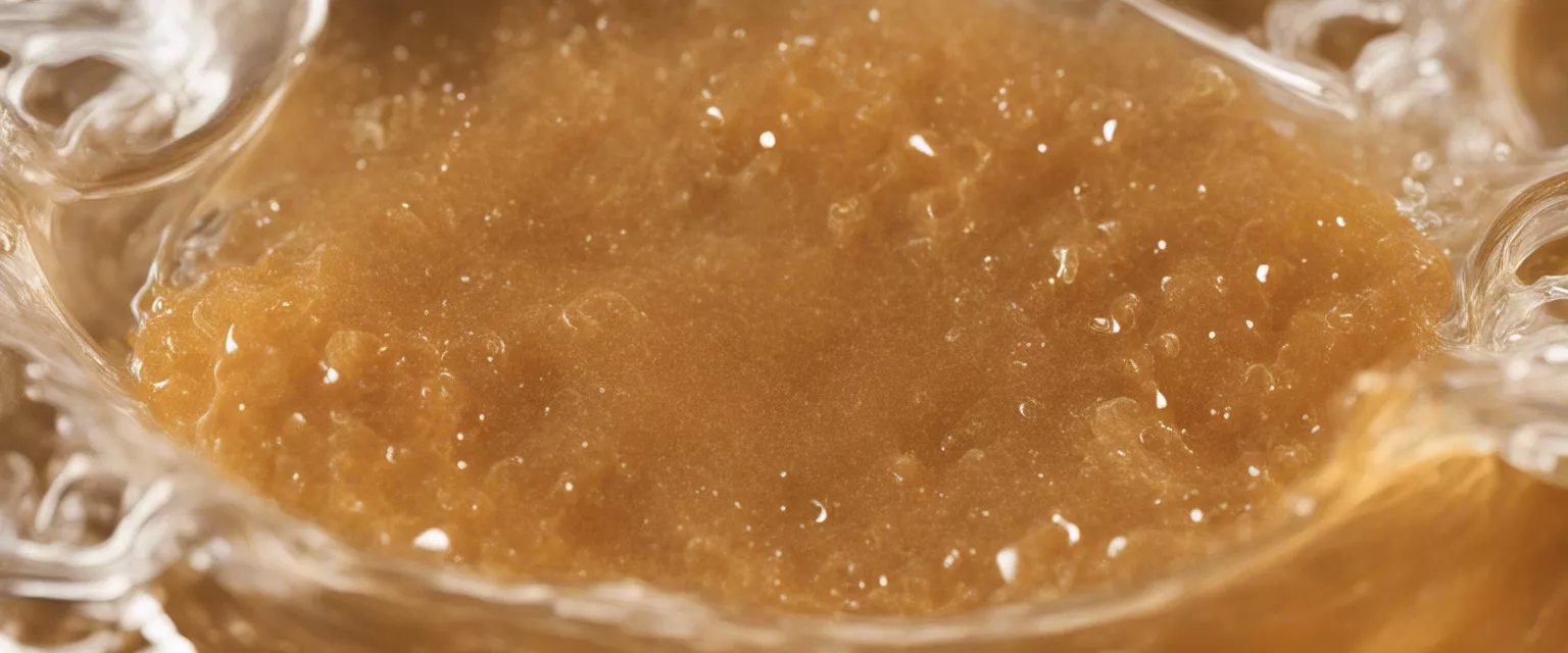 Close-up of glossy amber cannabis sugar wax with air bubbles and swirling clear liquid.
