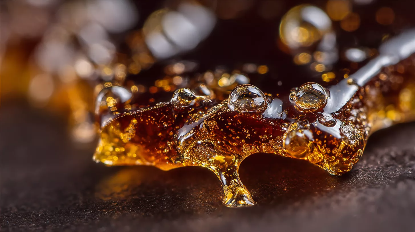 Glossy amber substance with bubbles on a dark surface.