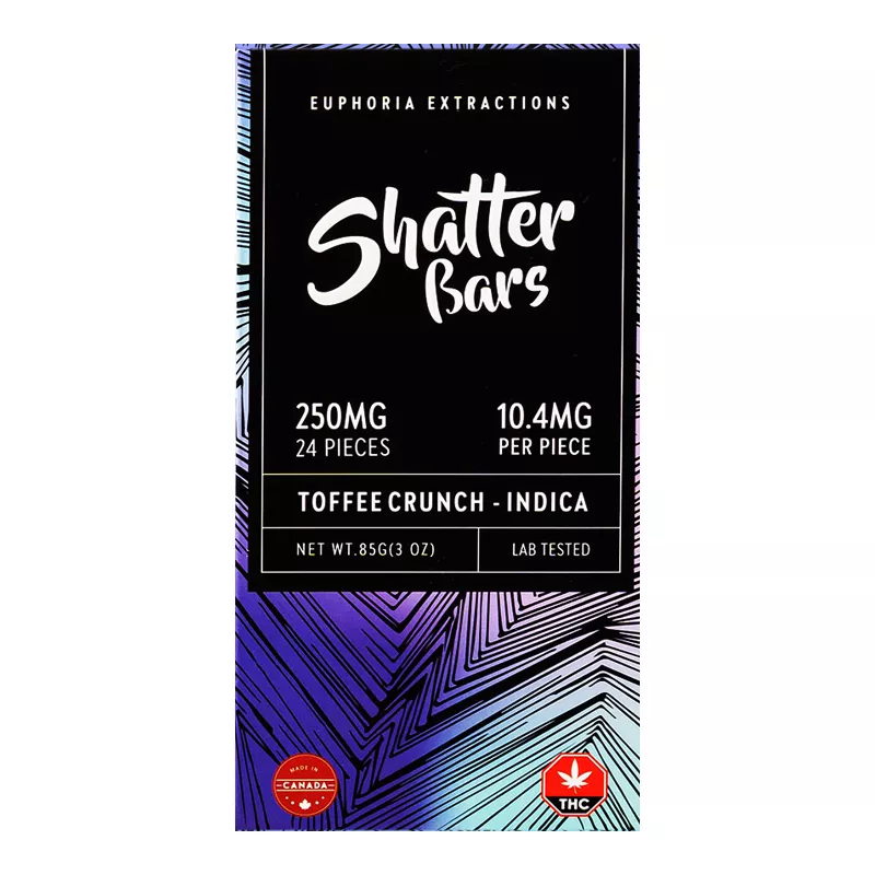 Euphoria Extractions 250mg Indica Toffee Crunch Shatter Bar, Canadian-made and lab-tested.
