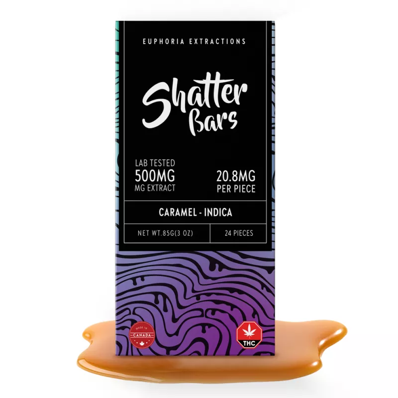 Euphoria Extractions Shatter Bars: Caramel Indica, 500mg Lab Tested THC, Canadian-made.