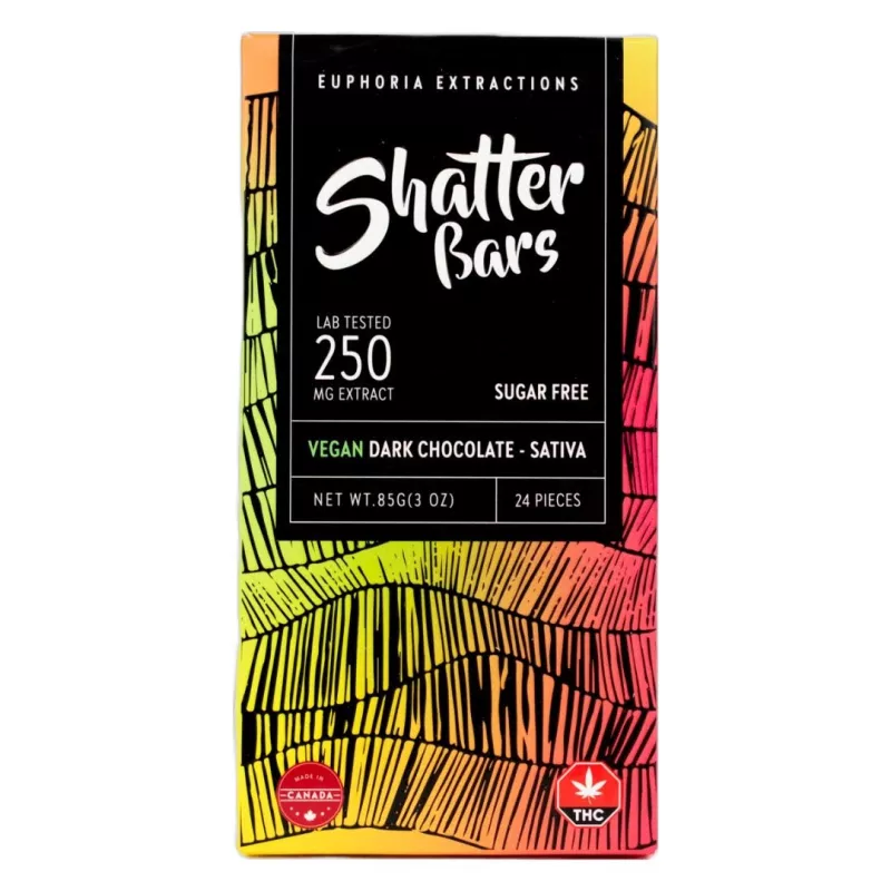 Euphoria Extractions Shatter Bars: vegan, sugar-free sativa dark chocolate, 250mg THC, made in Canada.