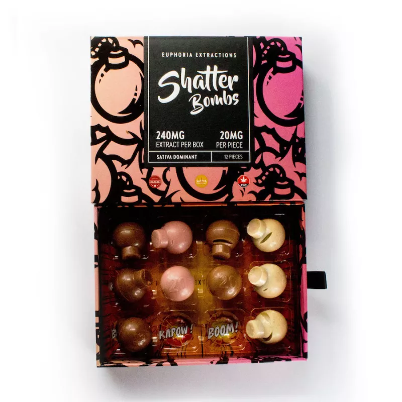 Euphoria Extractions Shatter Bombs 240mg Sativa Chocolate Box with 12 Pieces.