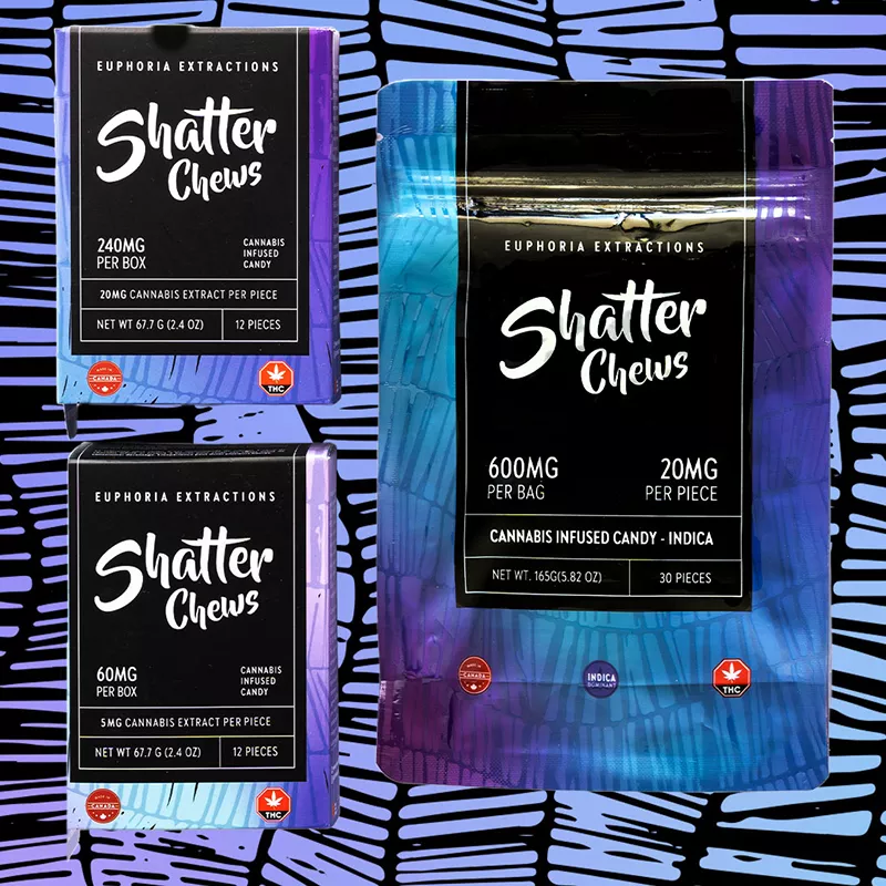 Euphoria Extractions Shatter Chews with varying THC dosages - Indica cannabis-infused candy.