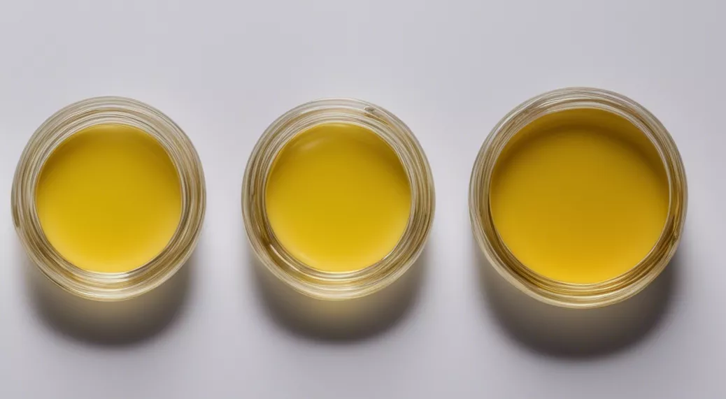 Three golden balm salve jars on light surface, top view.