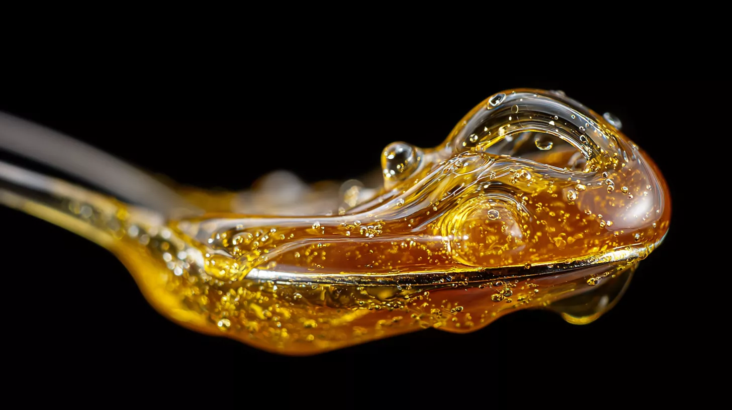 Glossy golden liquid with bubbles on a spoon against a black background.
