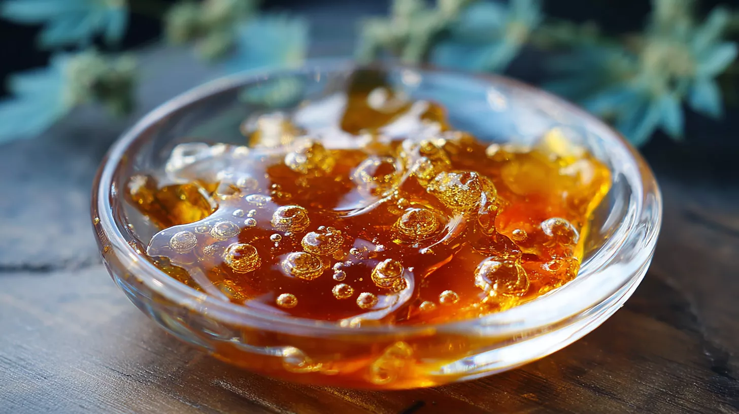 Golden, bubbly substance in a clear dish, surrounded by greenery.