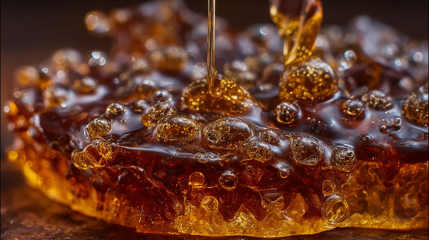 Golden amber resin with bubbles, glistening under light, creating a rich texture.